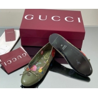 Expensive Gucci Flora Printed Ballet Flats Dark Green 840726