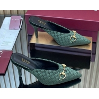 Shop Duplicate Gucci GG Velvet Heel Mules 8.5cm with Horsebit Green 835739
