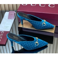 Popular Style Gucci GG Velvet Heel Mules 8.5cm with Horsebit Blue 835739