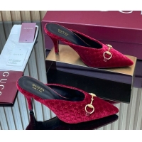 Pretty Style Gucci GG Velvet Heel Mules 8.5cm with Horsebit Red 835739
