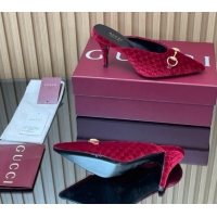 Pretty Style Gucci GG Velvet Heel Mules 8.5cm with Horsebit Red 835739