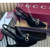 Top Grade Gucci GG Velvet Slingback Pumps 8.5cm with Horsebit Black 835978