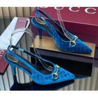 Low Cost Gucci GG Velvet Slingback Pumps 8.5cm with Horsebit Blue 835978