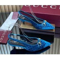 Popular Style Gucci GG Velvet Slingback Pumps 4.5cm with Horsebit Blue 835978