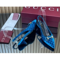 Popular Style Gucci GG Velvet Slingback Pumps 4.5cm with Horsebit Blue 835978