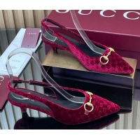 Top Design Gucci GG Velvet Slingback Pumps 4.5cm with Horsebit Red 835978