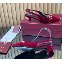Top Design Gucci GG Velvet Slingback Pumps 4.5cm with Horsebit Red 835978