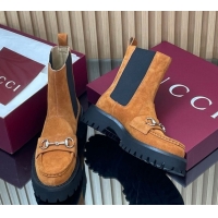 Shop Duplicate Gucci Suede Ankle Boots 4.5cm with Horsebit Light Brown 2025 834770