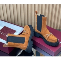 Shop Duplicate Gucci Suede Ankle Boots 4.5cm with Horsebit Light Brown 2025 834770