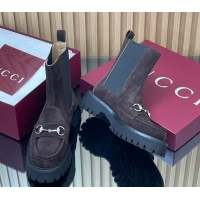 Expensive Gucci Suede Ankle Boots 4.5cm with Horsebit Dark Brown 2025 834770