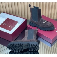 Expensive Gucci Suede Ankle Boots 4.5cm with Horsebit Dark Brown 2025 834770