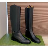 Best Price Gucci Calf Leather Flat High Boots with Slim Horsebit Black 2025 805312