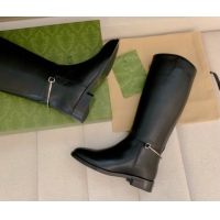 Best Price Gucci Calf Leather Flat High Boots with Slim Horsebit Black 2025 805312