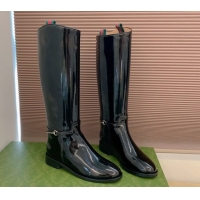Luxury Gucci Shiny Leather Flat High Boots with Slim Horsebit Black 2025 805312