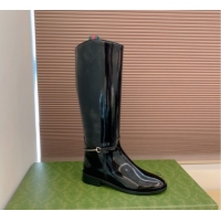 Luxury Gucci Shiny Leather Flat High Boots with Slim Horsebit Black 2025 805312