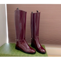 Crafted Gucci Shiny Leather Flat High Boots with Slim Horsebit Bordeaux Red 2025 805312