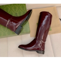 Crafted Gucci Shiny Leather Flat High Boots with Slim Horsebit Bordeaux Red 2025 805312