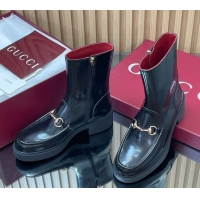Most Popular Gucci Shiny Leather Heel Ankle Boots 4.5cm with Horsebit Black 2025 798724