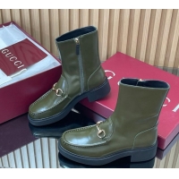 Top Design Gucci Shiny Leather Heel Ankle Boots 4.5cm with Horsebit Green 798724