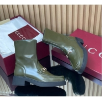 Top Design Gucci Shiny Leather Heel Ankle Boots 4.5cm with Horsebit Green 798724