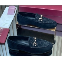 Leisure Gucci Jordaan GG Upper Suede Flat Loafers with Horsebit Black 2025 840725