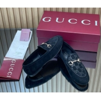 Leisure Gucci Jordaan GG Upper Suede Flat Loafers with Horsebit Black 2025 840725