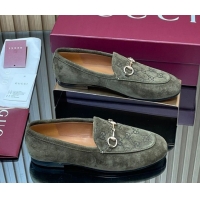 Buy Luxury Gucci Jordaan GG Upper Suede Flat Loafers with Horsebit Green 2025 840725