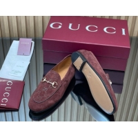 Shop Cheap Gucci Jordaan GG Upper Suede Flat Loafers with Horsebit Dark Brown 2025 840725