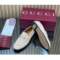 Top Grade Gucci Jordaan GG Upper Suede Flat Loafers with Horsebit Light Grey 2025 840725