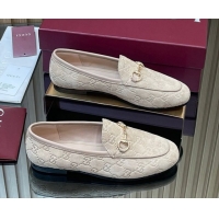 Buy Luxury Gucci Jordaan GG Allover Suede Flat Loafers with Horsebit Beige Grey 2025 840725