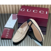 Buy Luxury Gucci Jordaan GG Allover Suede Flat Loafers with Horsebit Beige Grey 2025 840725