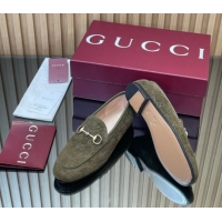 Buy Discount Gucci Jordaan GG Allover Suede Flat Loafers with Horsebit Green 2025 840725