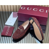Buy Ladies Gucci Jordaan GG Allover Suede Flat Loafers with Horsebit Dark Brown 2025 840725