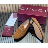 Pretty Style Gucci Jordaan GG Allover Suede Flat Loafers with Horsebit Light Brown 2025 840725