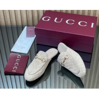 Top Grade Gucci Princetown GG Allover Suede Flat Slipper with Horsebit Beige Grey 813864