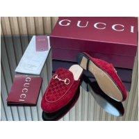 Good Quality Gucci Princetown GG Allover Suede Flat Slipper with Horsebit Red 813864