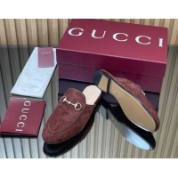 Grade Quality Gucci Princetown GG Allover Suede Flat Slipper with Horsebit Dark Brown 813864