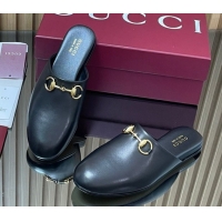 Low Cost Gucci Leather Flat Mules with Horsebit Black 849565