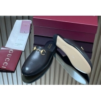 Low Cost Gucci Leather Flat Mules with Horsebit Black 849565