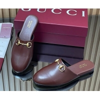 Popular Style Gucci Leather Flat Mules with Horsebit Dark Brown 2025 849565