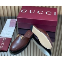 Popular Style Gucci Leather Flat Mules with Horsebit Dark Brown 2025 849565