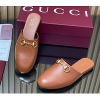 Low Price Gucci Leather Flat Mules with Horsebit Tan Brown 2025 849565