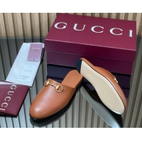 Low Price Gucci Leather Flat Mules with Horsebit Tan Brown 2025 849565