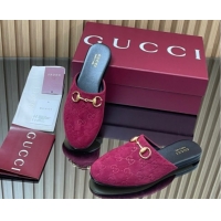 Duplicate Gucci GG Suede Flat Mules with Horsebit Ancora Red 2025 849565