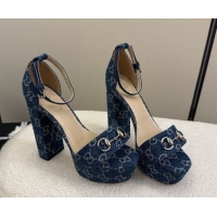 Perfect Gucci GG Denim Platform Sandals with Horsebit Blue 2025 GG082806