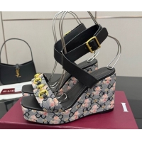 Classic Hot Gucci Flora GG Canvas and Leather Wedge Sandals 10cm with Horsebit and Ankle Strap Black 0828133