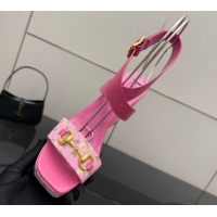 Grade Quality Gucci Flora GG Canvas and Leather Wedge Sandals 10cm with Horsebit and Ankle Strap Pink 0828134