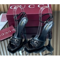 Best Grade Gucci Patent Leather Heel Sandals 9.5cm with Horsebit Black 2025 832468