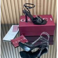 Best Grade Gucci Patent Leather Heel Sandals 9.5cm with Horsebit Black 2025 832468