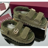 Low Cost Gucci Cotton Crochet Strap Flat Sandals with Double G Dark Green 835086